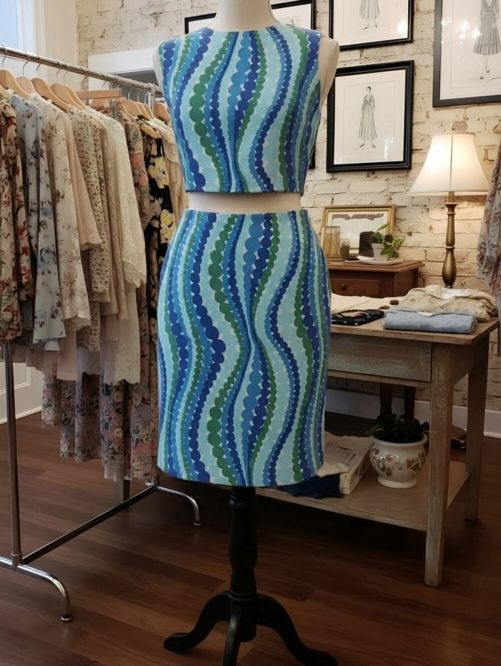 Talbots Wavy Dots Pencil Skirt Blue Green Size Size 10